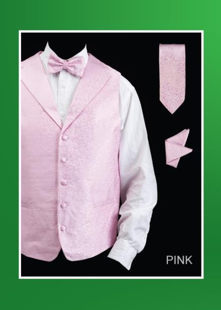 Mensusa Products Men's 4 Piece Vest Set (Bow Tie, Neck Tie, Hanky) Lapelled Vest Pink