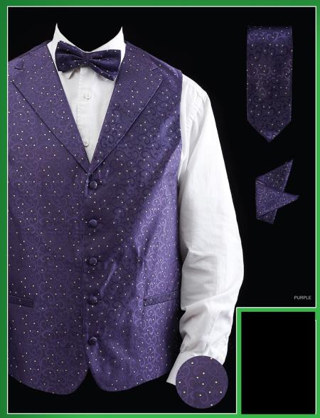 Mensusa Products Men's 4 Piece Vest Set (Bow Tie, Neck Tie, Hanky) Lapelled Vest Purple