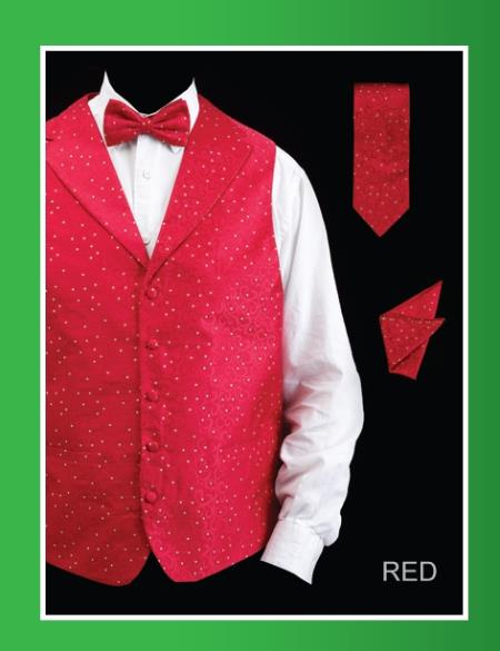 Mensusa Products Men's 4 Piece Vest Set (Bow Tie, Neck Tie, Hanky) Lapelled Vest Red