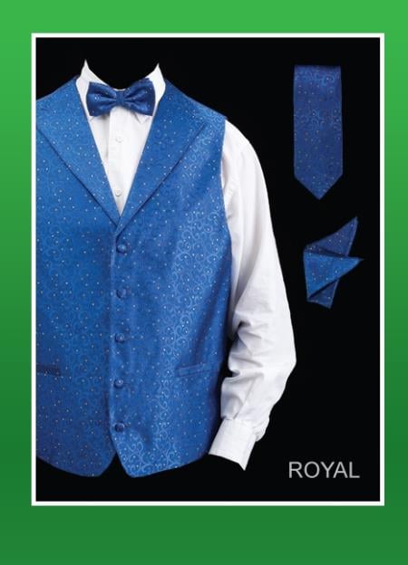 Mensusa Products Men's 4 Piece Vest Set (Bow Tie, Neck Tie, Hanky) Lapelled Vest Royal Blue