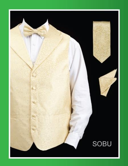 Mensusa Products Men's 4 Piece Vest Set (Bow Tie, Neck Tie, Hanky) Lapelled Vest Sobu