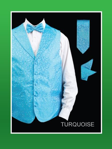 Mensusa Products Men's 4 Piece Vest Set (Bow Tie, Neck Tie, Hanky) Lapelled Vest Turquoise