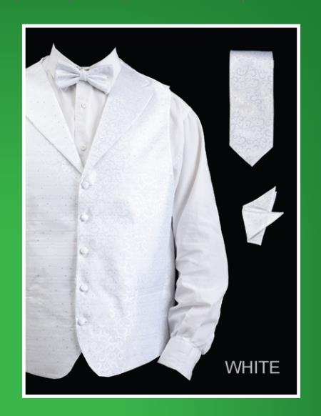 Mensusa Products Men's 4 Piece Vest Set (Bow Tie, Neck Tie, Hanky) Lapelled Vest White