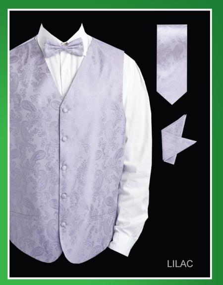 Mensusa Products Men's 4 Piece Vest Set (Bow Tie, Neck Tie, Hanky) Shiny Paisley Jacquard Lilac