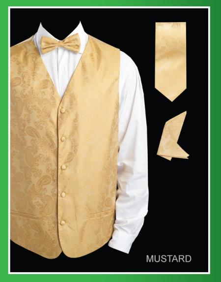 Mensusa Products Men's 4 Piece Vest Set (Bow Tie, Neck Tie, Hanky) Shiny Paisley Jacquard Mustard