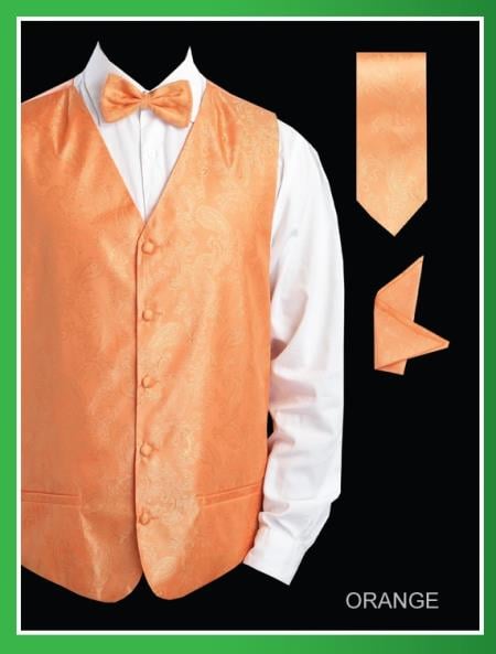 Mensusa Products Men's 4 Piece Vest Set (Bow Tie, Neck Tie, Hanky) Shiny Paisley Jacquard Orange