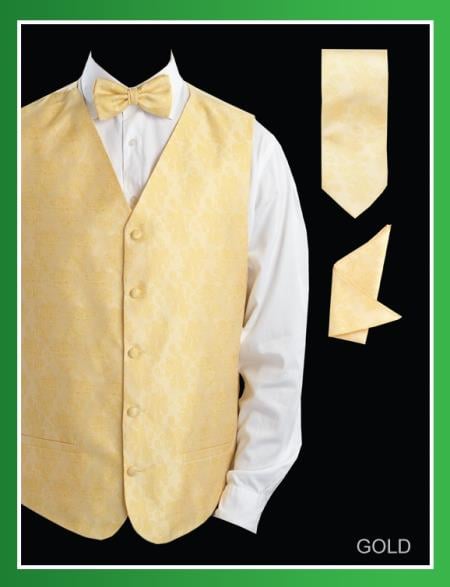 Mensusa Products Men's 4 Piece Vest Set (Bow Tie, Neck Tie, Hanky) Paisley Jacquard Gold