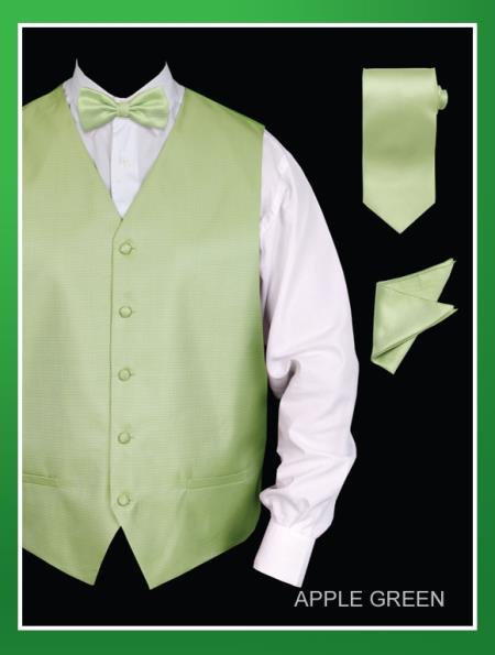 Mensusa Products Men's 4 Piece Vest Set (Bow Tie, Neck Tie, Hanky) Jacquard Apple Green