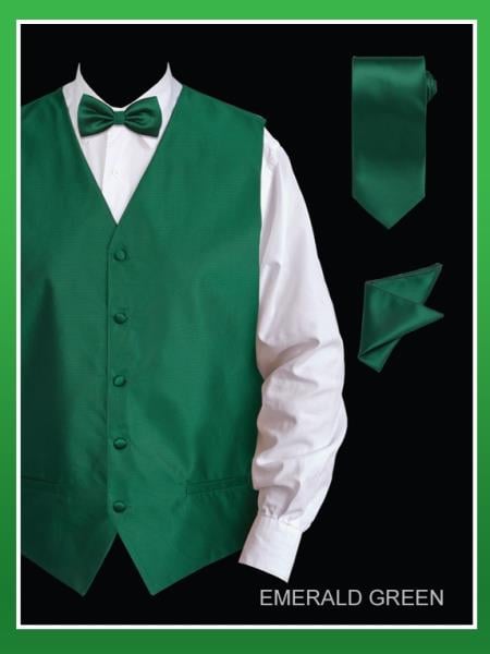 Mensusa Products Men's 4 Piece Vest Set (Bow Tie, Neck Tie, Hanky) Jacquard Emerald Green