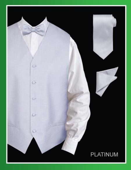 Mensusa Products Men's 4 Piece Vest Set (Bow Tie, Neck Tie, Hanky) Jacquard Platinum