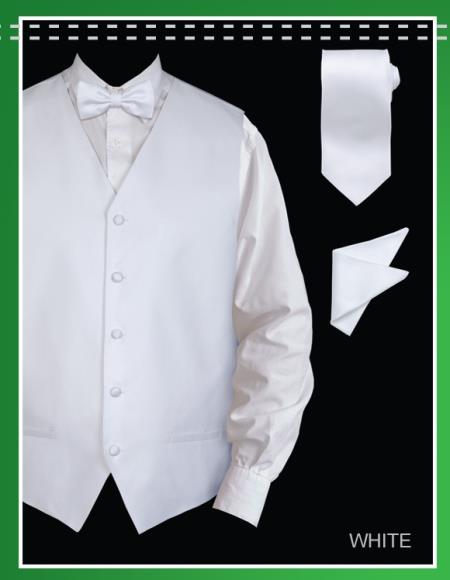 Mensusa Products Men's 4 Piece Vest Set (Bow Tie, Neck Tie, Hanky) Jacquard White