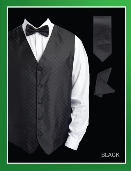 Mensusa Products Men's 4 Piece Vest Set (Bow Tie, Neck Tie, Hanky) Chessboard Checkered Black