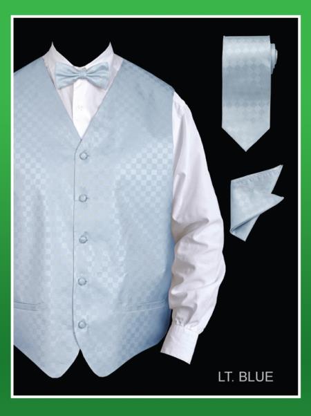 Mensusa Products Men's 4 Piece Vest Set (Bow Tie, Neck Tie, Hanky) Chessboard Checkered Light Blue