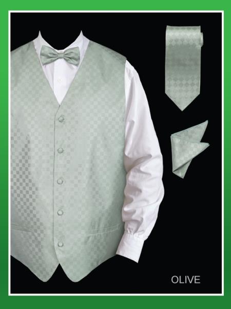 Mensusa Products Men's 4 Piece Vest Set (Bow Tie, Neck Tie, Hanky) Chessboard Checkered Olive