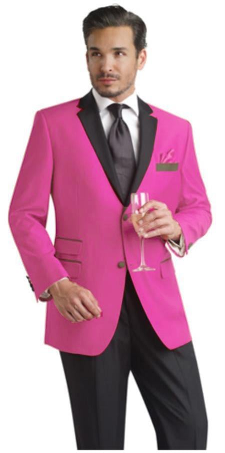 Hot Pink Two Button Notch Party Suit & Tuxedo & Blazer w/ Black Lapel