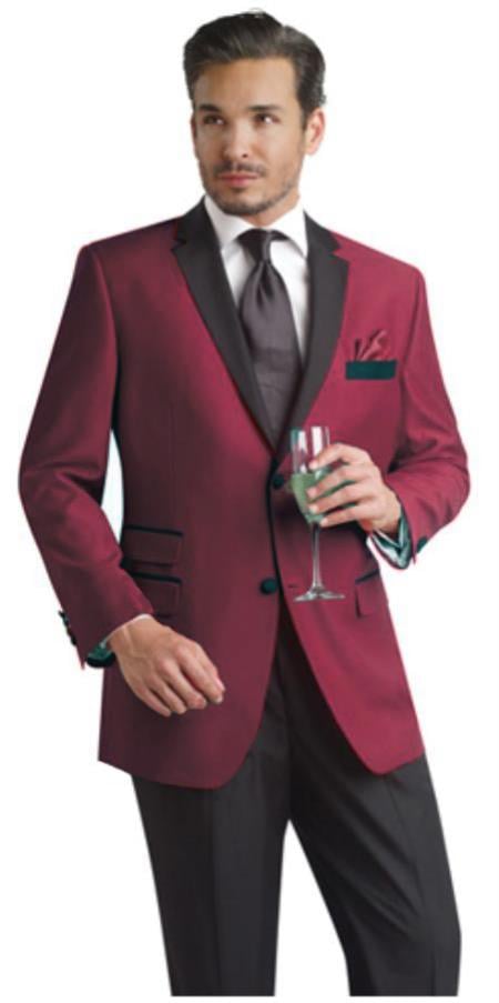 Burgundy Two Button Notch Party Suit & Tuxedo & Blazer w/ Black Lapel