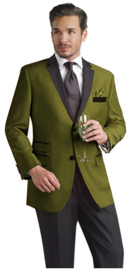Mensusa Products Olive Green Two Button Notch Party Suit & Tuxedo & Blazer w/ Black Lapel