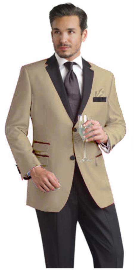 Mensusa Products Taupe Two Button Notch Party Suit & Tuxedo & Blazer w/ Black Lapel
