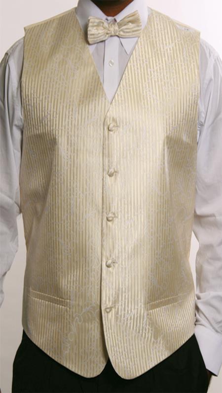 Mensusa Products Men's 4 Piece JQD Vest Set (Bow Tie, Neck Tie, Hanky) Beige