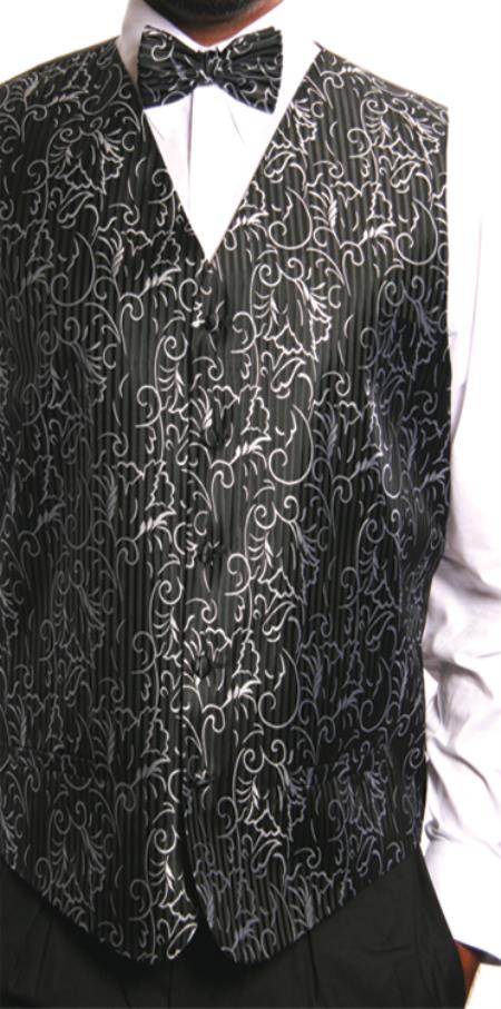 Mensusa Products Men's 4 Piece JQD Vest Set (Bow Tie, Neck Tie, Hanky) Black