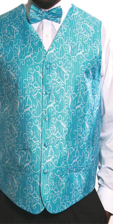 Mensusa Products Men's 4 Piece JQD Vest Set (Bow Tie, Neck Tie, Hanky) Turquoise