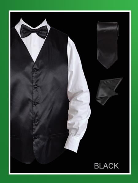Mensusa Products Men's 4 Piece Vest Set (Bow Tie, Neck Tie, Hanky) Satin Black