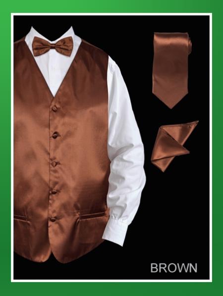 Mensusa Products Men's 4 Piece Vest Set (Bow Tie, Neck Tie, Hanky) Satin Brown
