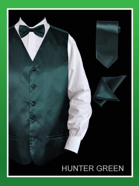Mensusa Products Men's 4 Piece Vest Set (Bow Tie, Neck Tie, Hanky) Satin Hunter Green