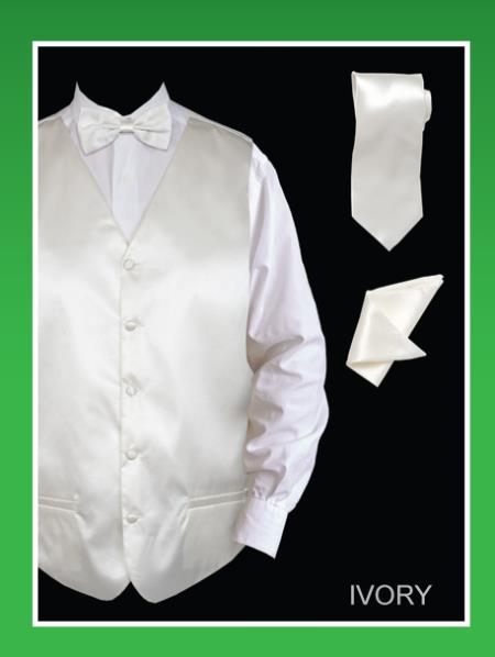 Mensusa Products Men's 4 Piece Vest Set (Bow Tie, Neck Tie, Hanky) Satin Ivory
