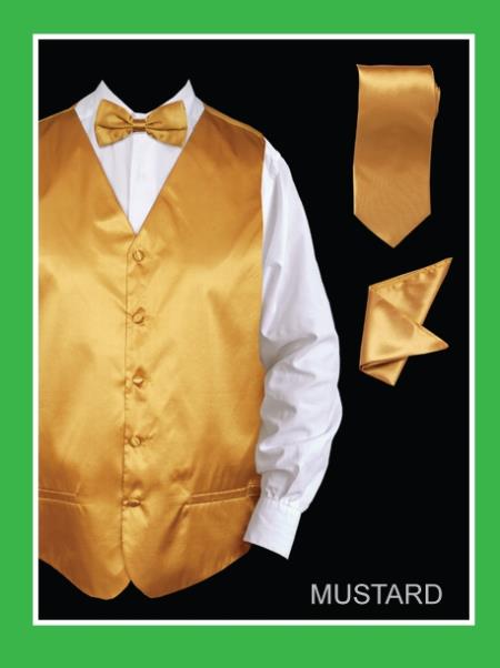 Mensusa Products Men's 4 Piece Vest Set (Bow Tie, Neck Tie, Hanky) Satin Mustard