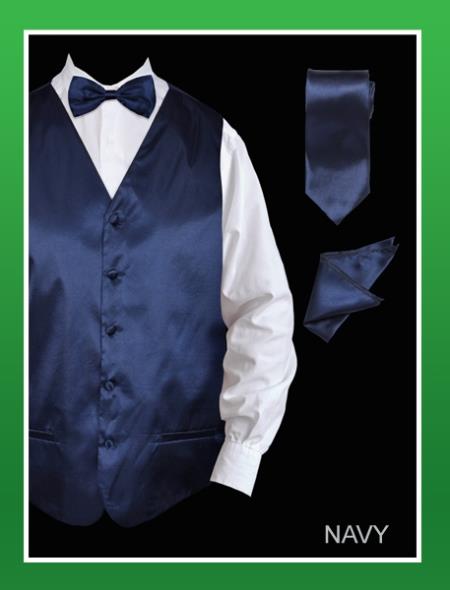 Mensusa Products Men's 4 Piece Vest Set (Bow Tie, Neck Tie, Hanky) Satin Navy