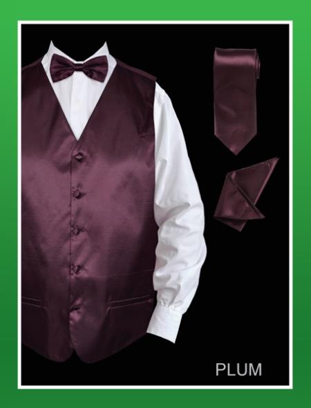 Mensusa Products Men's 4 Piece Vest Set (Bow Tie, Neck Tie, Hanky) Satin Plum