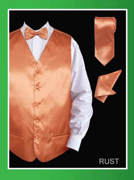Mensusa Products Men's 4 Piece Vest Set (Bow Tie, Neck Tie, Hanky) Satin Rust