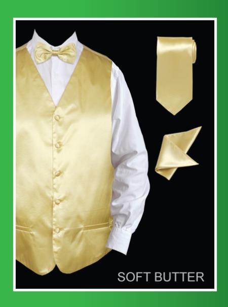 Mensusa Products Men's 4 Piece Vest Set (Bow Tie, Neck Tie, Hanky) Satin Soft Butter