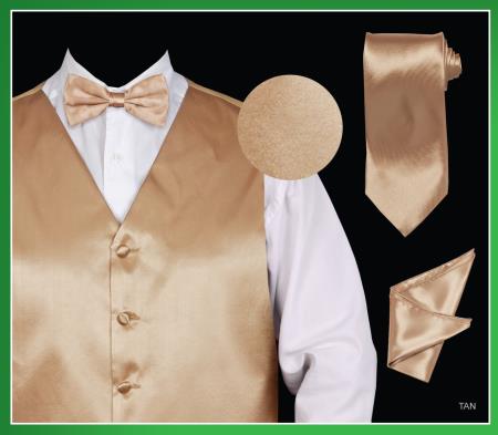 Mensusa Products Men's 4 Piece Vest Set (Bow Tie, Neck Tie, Hanky) Satin Tan