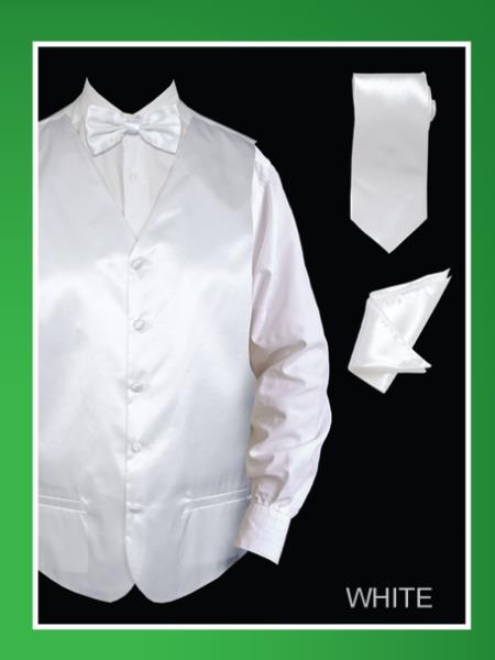 Mensusa Products Men's 4 Piece Vest Set (Bow Tie, Neck Tie, Hanky) Satin White