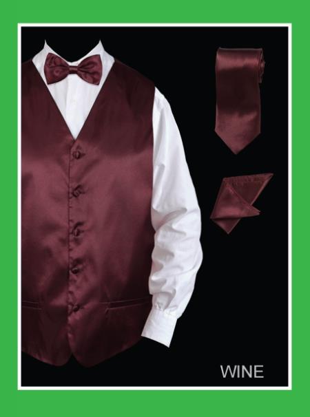 Mensusa Products Men's 4 Piece Vest Set (Bow Tie, Neck Tie, Hanky) Satin Wine