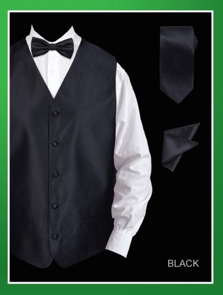 Mensusa Products Men's 4 Piece Vest Set (Bow Tie, Neck Tie, Hanky) Twill Textured Black