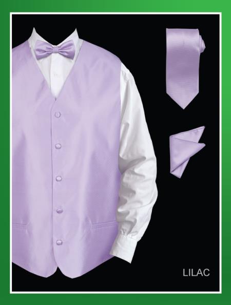 Mensusa Products Men's 4 Piece Vest Set (Bow Tie, Neck Tie, Hanky) Twill Textured Lilac