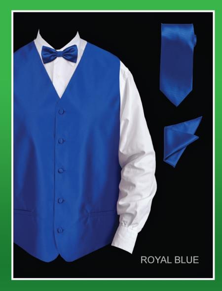 Mensusa Products Men's 4 Piece Vest Set (Bow Tie, Neck Tie, Hanky) Twill Textured Royal Blue