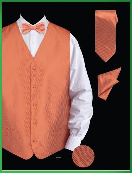 Mensusa Products Men's 4 Piece Vest Set (Bow Tie, Neck Tie, Hanky) Twill Textured Rust