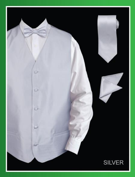 Mensusa Products Men's 4 Piece Vest Set (Bow Tie, Neck Tie, Hanky) Twill Textured Silver