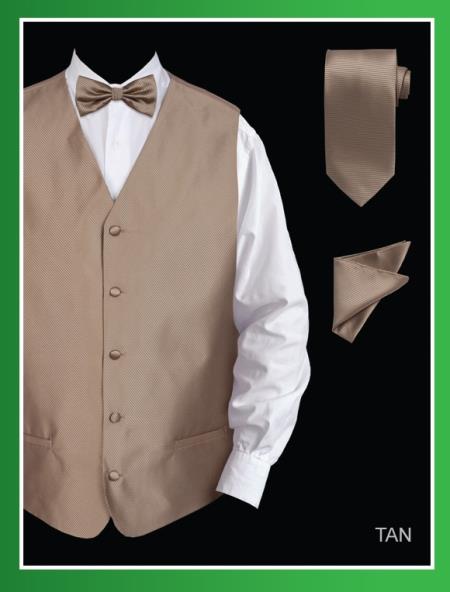 Mensusa Products Men's 4 Piece Vest Set (Bow Tie, Neck Tie, Hanky) Twill Textured Tan