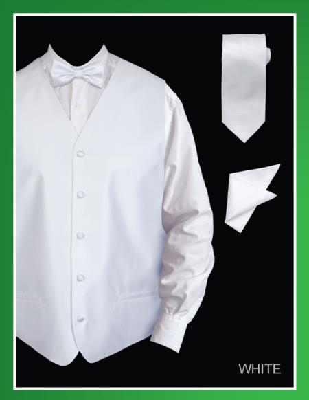 Mensusa Products Men's 4 Piece Vest Set (Bow Tie, Neck Tie, Hanky) Twill Textured White