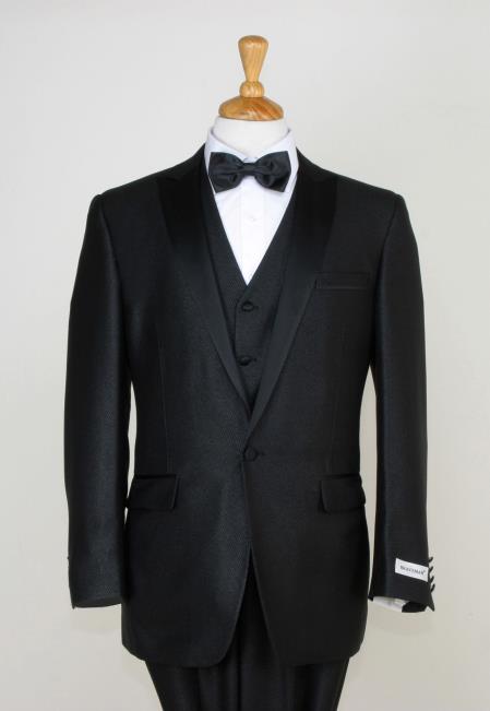 Mensusa Products Men's 3 Piece Tuxedo 1 Button Jacket with Peak Lapel & Modern Look Black
