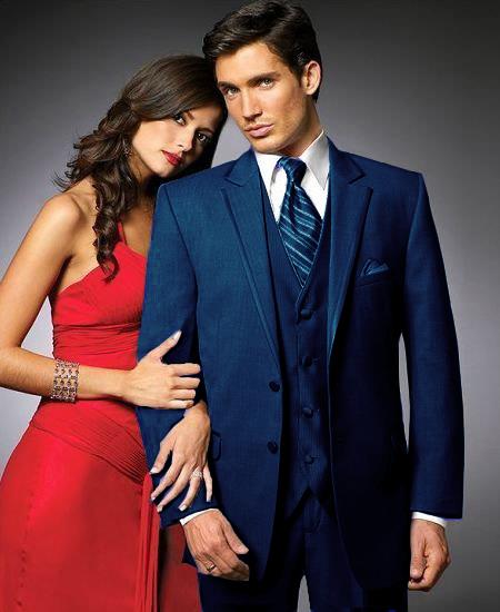 2 Btn Suit/Colored Tuxedo Satin Trim outlines a Notch Lapel Matching Trousers Navy Blue