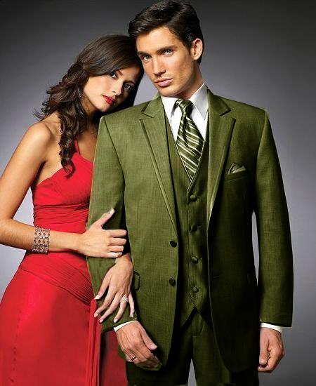 Mensusa Products 2 Btn Suit/Colored Tuxedo Satin Trim outlines a Notch Lapel Matching Trousers Olive