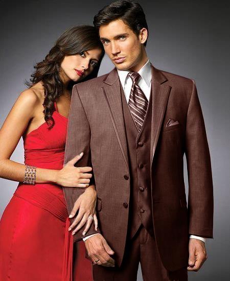 2 Btn Suit/Colored Tuxedo Satin Trim outlines a Notch Lapel Matching Trousers Brown