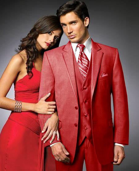 2 Btn Suit/Colored Tuxedo Satin Trim outlines a Notch Lapel Matching Trousers Red