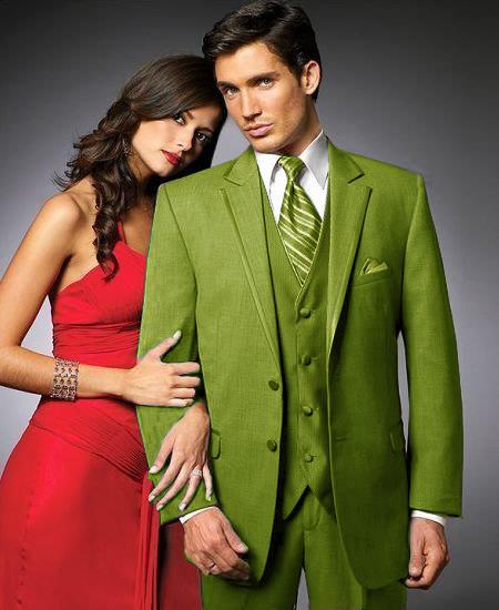 Mensusa Products 2 Btn Suit/Colored Tuxedo Satin Trim outlines a Notch Lapel Matching Trousers Apple Green